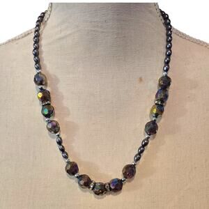 Faceted Acrylic Beaded Necklace Iridescent Aurora Borealis Like Coating Bead 18"